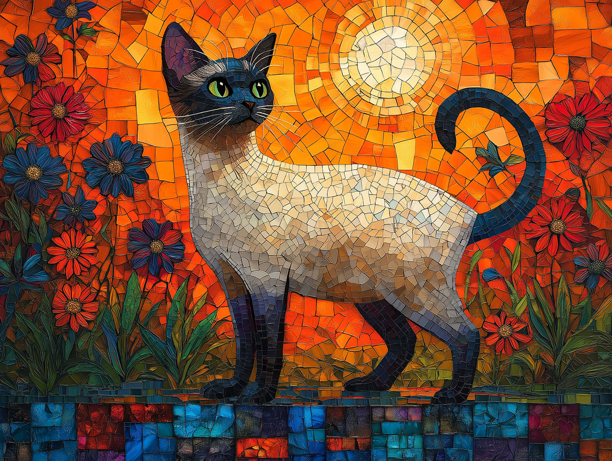 Siamese Cat Mural Wallpaper | Mosaic - style Floral Sunlit Background