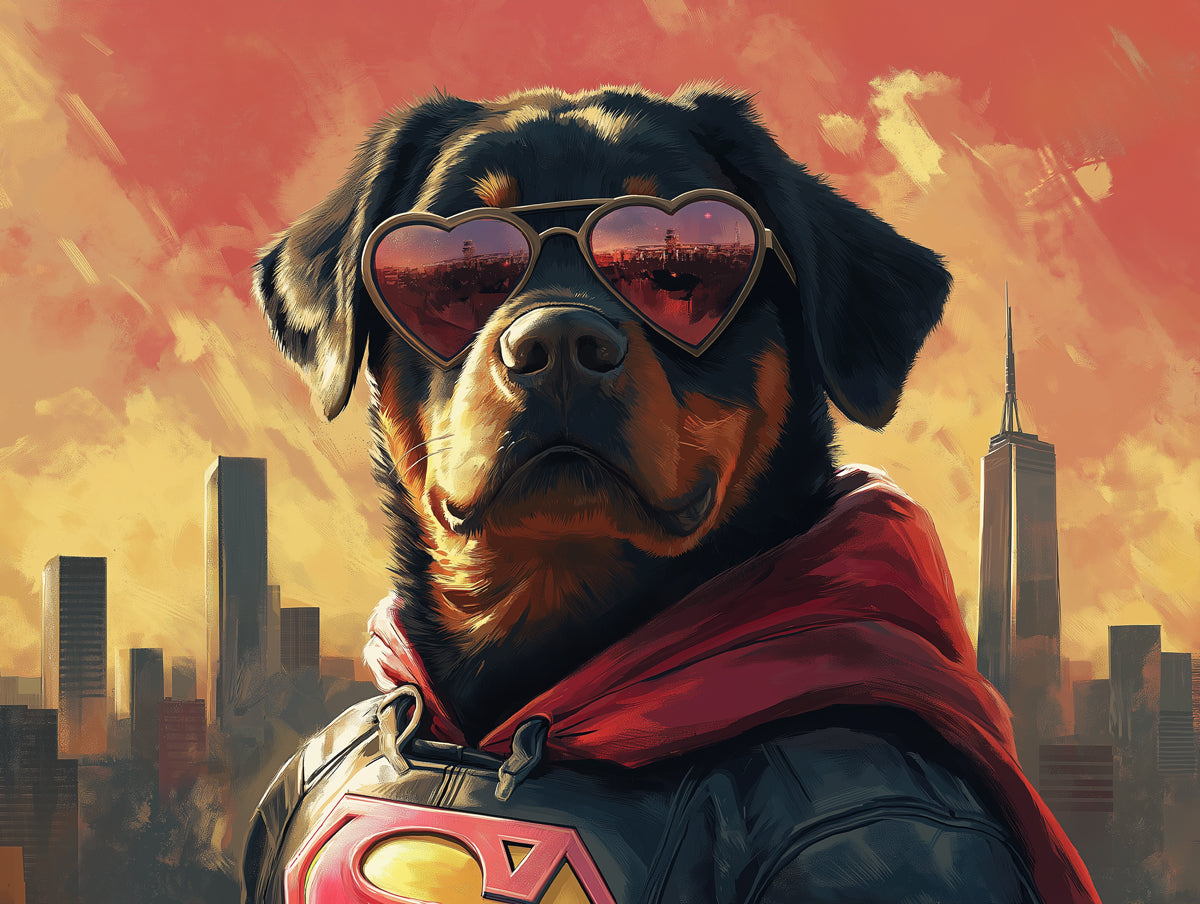 Cool Dog Mural Wallpaper | Cityscape Sunset Background with Heart - shaped Sunglasses