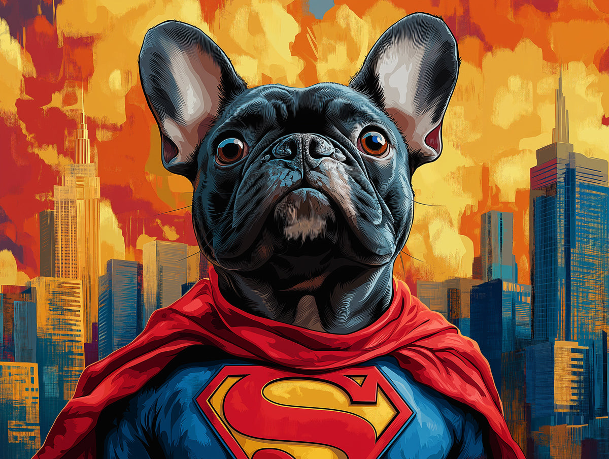 Super - Frenchie Mural Wallpaper | Colorful Cityscape and Superhero Dog