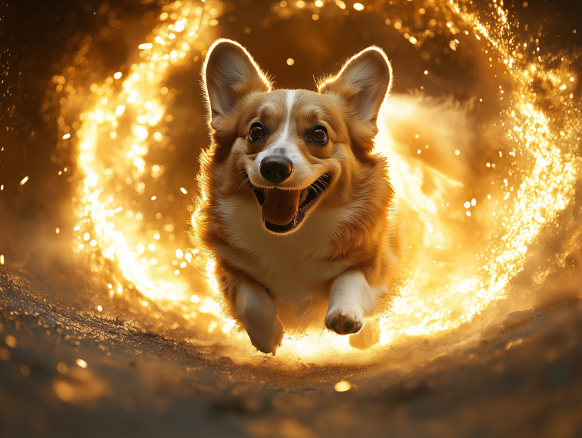 Magical Corgi Mural Wallpaper | Golden - hued Background with Sparkles