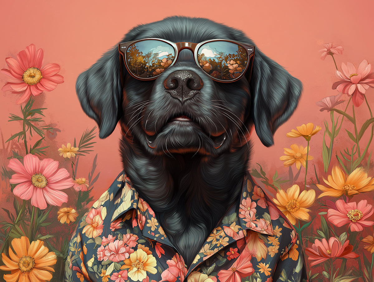 Cool Labrador Mural Wallpaper | Floral - orange Background with Sunglasses