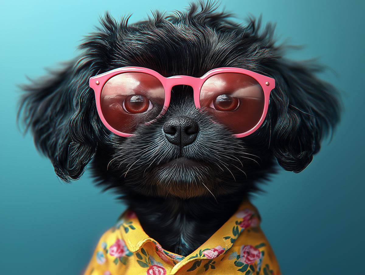 Chic Pup Mural Wallpaper | Teal Background with Pink Glasses