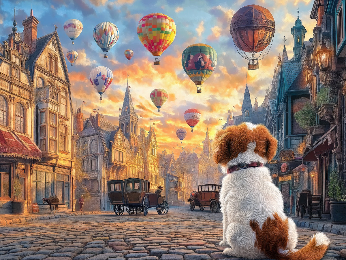 Balloon - filled Town Dog Mural Wallpaper | Whimsical Adventure Scene