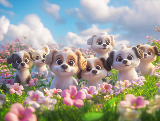 Puppy - filled Meadow Mural Wallpaper | Adorable and Serene