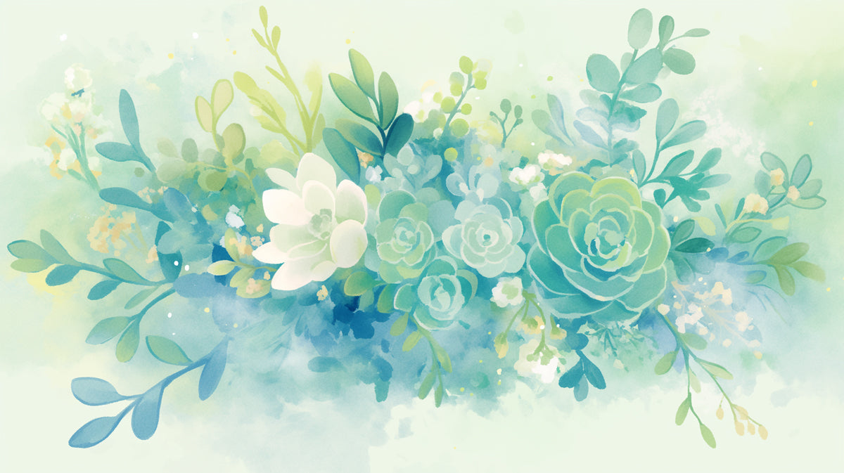 Papel tapiz mural acuarela suculenta y floral | verde, azul, blanco y amarillo 