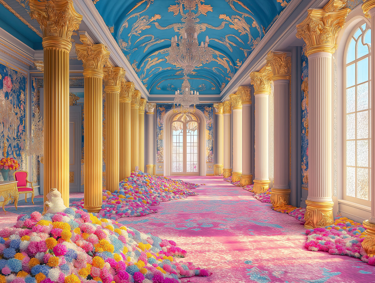 Royal Palace Hall Mural Wallpaper (Blue and Pink) | Blue, Pink, Gold  Baroque Palace