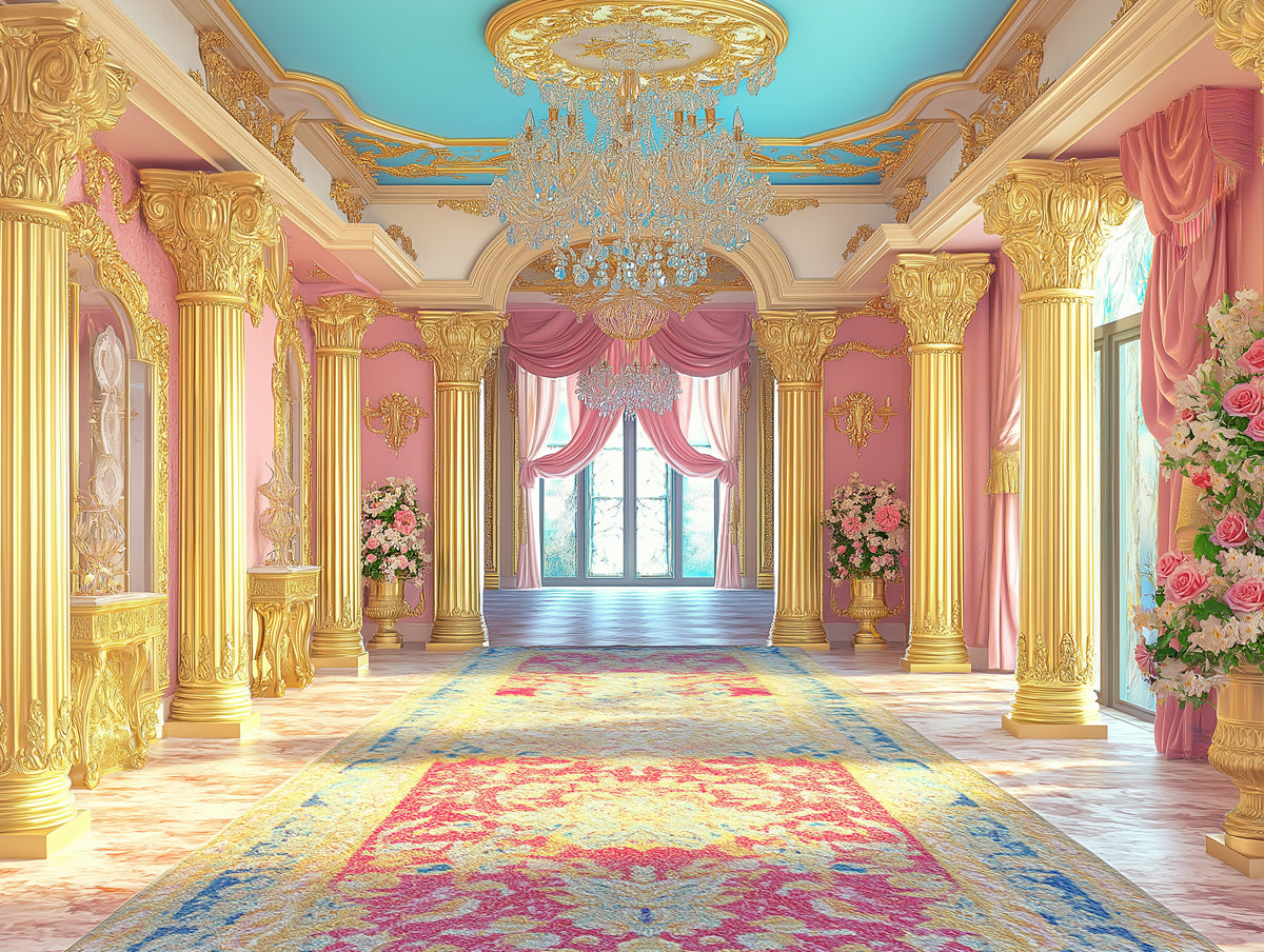 Royal Palace Hall Mural Wallpaper (Pink and Gold) | Pink, Gold, Teal Baroque Palace