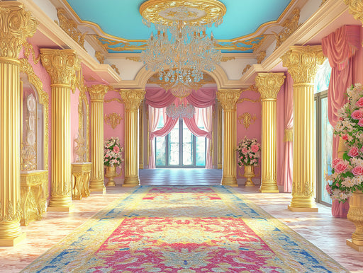 Royal Palace Hall Mural Wallpaper (Pink and Gold) | Pink, Gold, Teal Baroque Palace