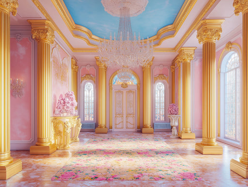 Royal Palace Hall Mural Wallpaper (Pink and Gold) | Pink, Gold, Teal Baroque Palace