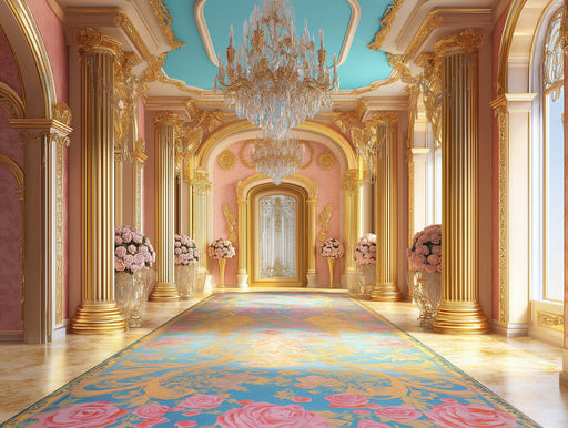 Royal Palace Hall Mural Wallpaper (Pink and Gold) | Pink, Gold, Teal Baroque Palace