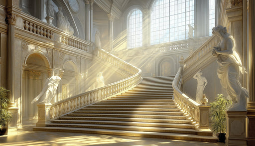 Sunlit Baroque Palace Staircase Mural Wallpaper | Yellow, Gold, Brown