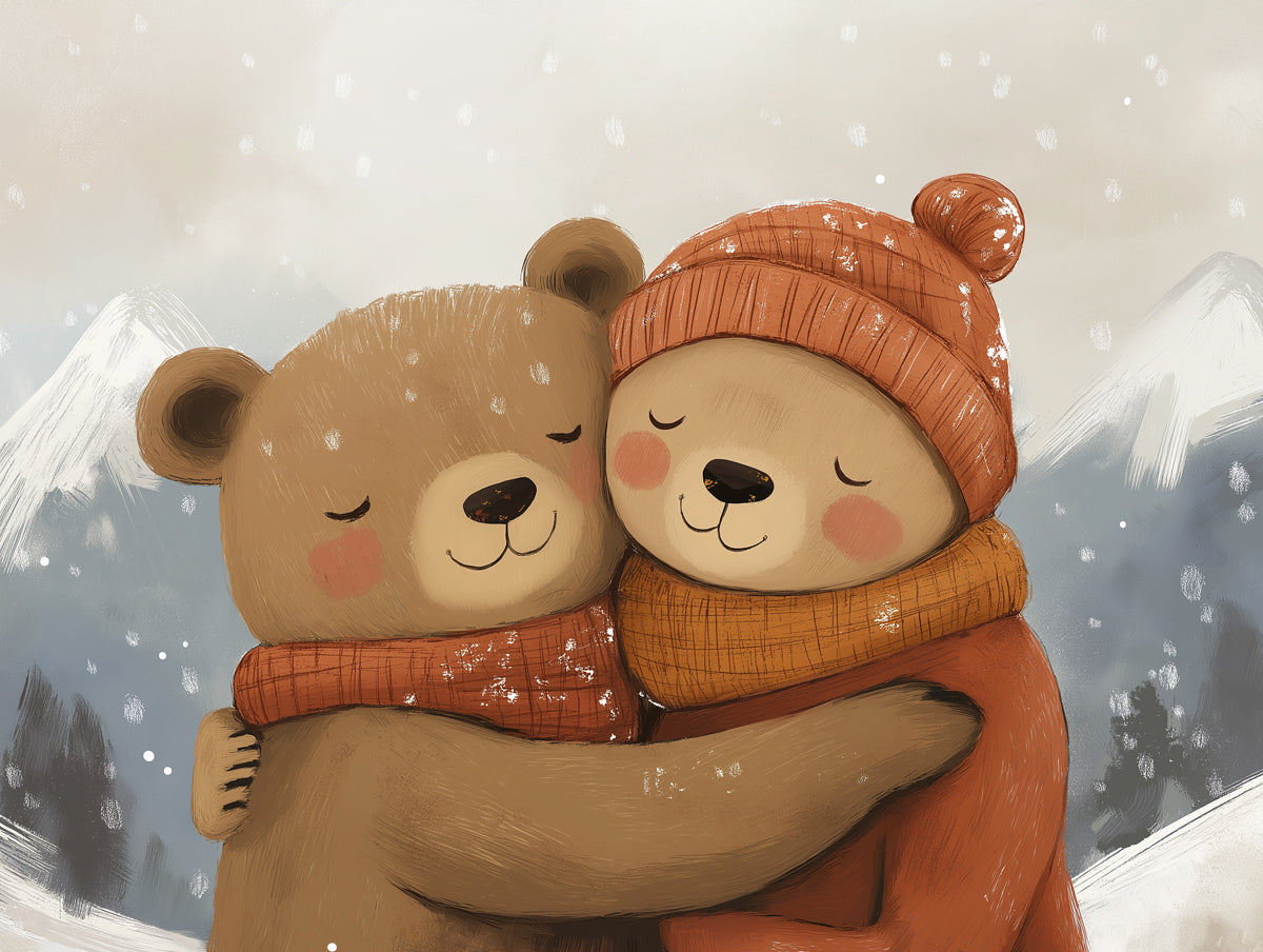Winter Hug Mural Wallpaper | Brown, Orange, Blue - Gray