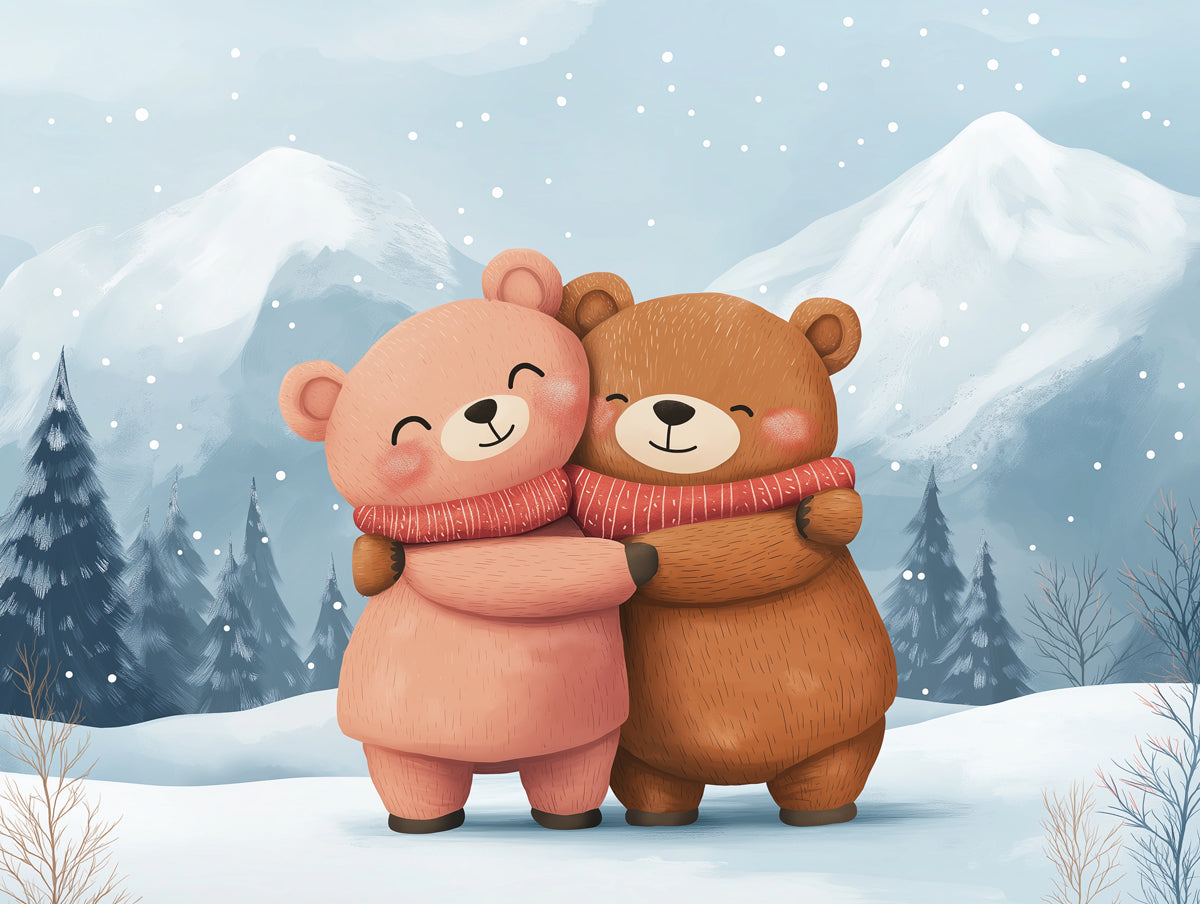 Winter Hug Mural Wallpaper | Brown, Orange, Blue - Gray
