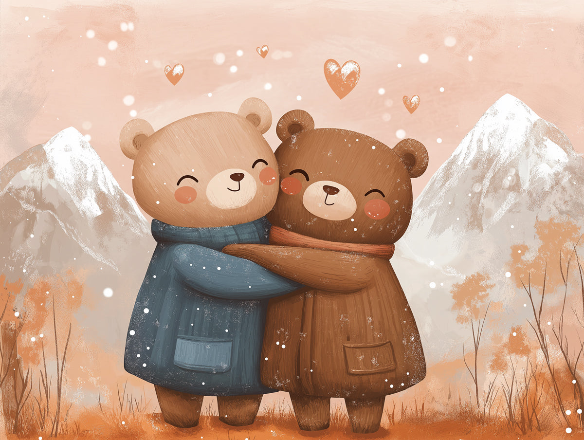 Winter Hug Mural Wallpaper | Brown, Orange, Blue - Gray