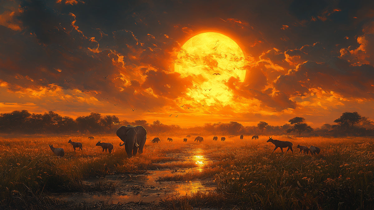 
Afrikanische Savanne Sonnenuntergang mit Elefanten Wandbildtapete für ein Wohnzimmer