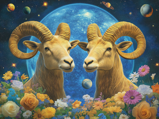 Aries - Double - Ram Mural Wallpaper | Blue, Gold, Flowers, and Planets