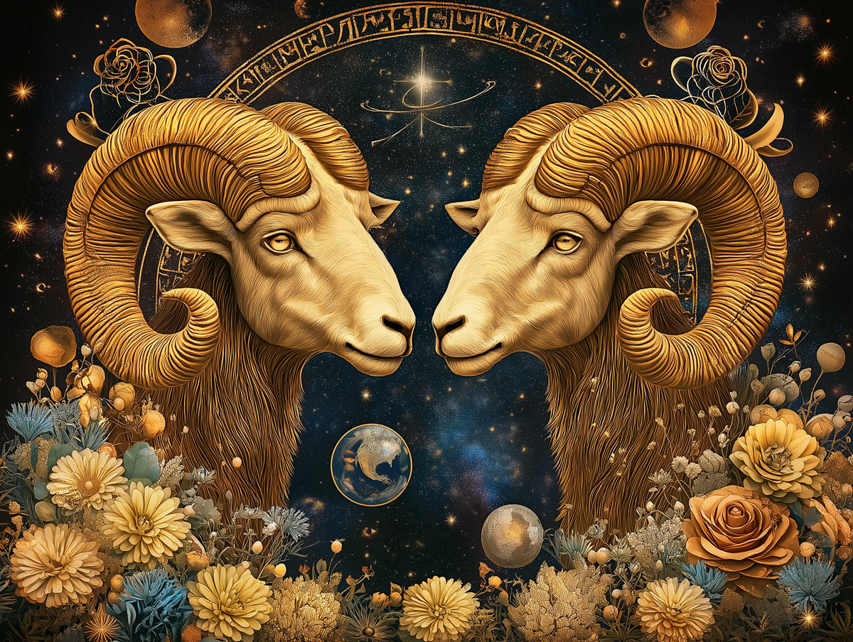 Aries - Double - Ram Mural Wallpaper | Blue, Gold, Flowers, and Planets
