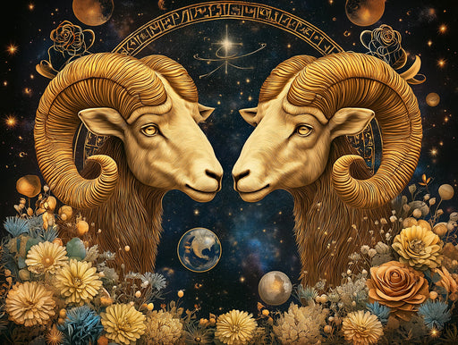 Aries - Double - Ram Mural Wallpaper | Blue, Gold, Flowers, and Planets