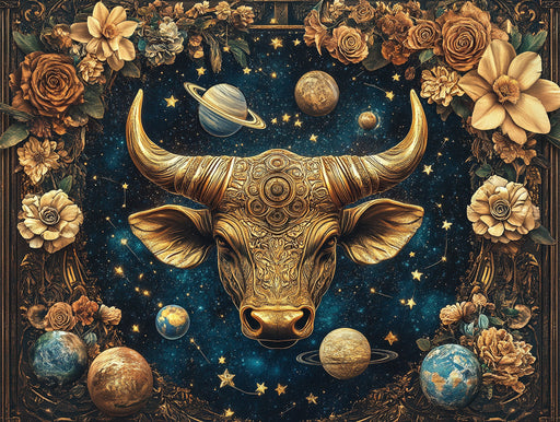 Taurus - Golden Bull Mural Wallpaper | Gold, Blue, Flowers, and Planets