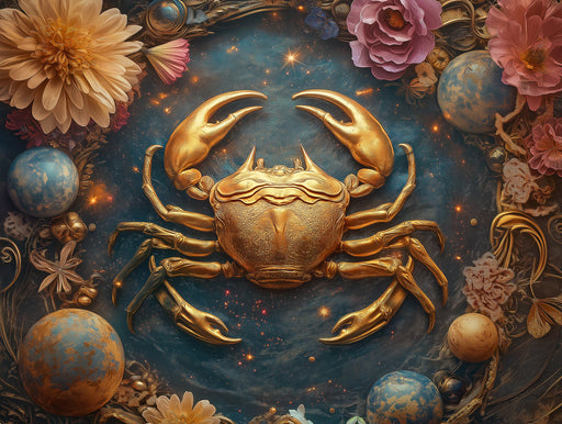 Cancer - Golden Crab Mural Wallpaper | Gold, Blue, Flowers, and Planets