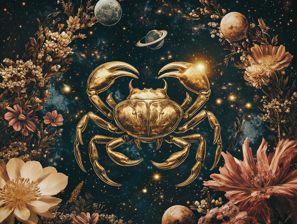 Cancer - Golden Crab Celestial Mural Wallpaper | Dark Blue, Gold, Flowers, and Planets