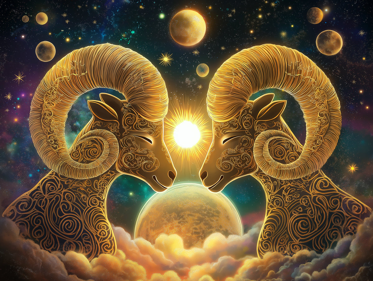Aries - Celestial Ram Mural Wallpaper | Golden, Cosmic Hues, and Lunar Elements