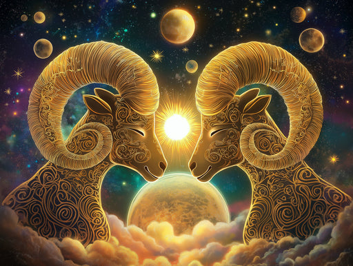 Aries - Celestial Ram Mural Wallpaper | Golden, Cosmic Hues, and Lunar Elements