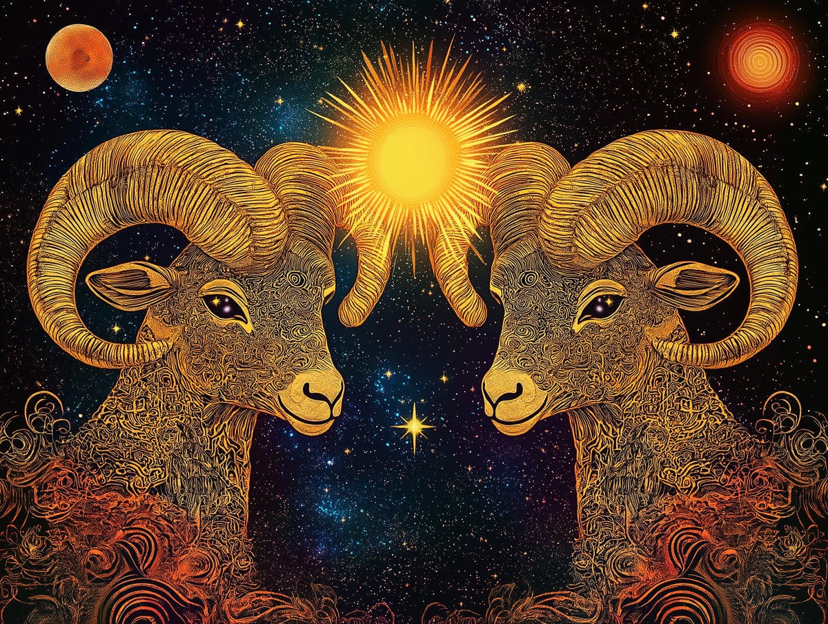 Aries - Celestial Ram Mural Wallpaper | Golden, Cosmic Hues, and Lunar Elements
