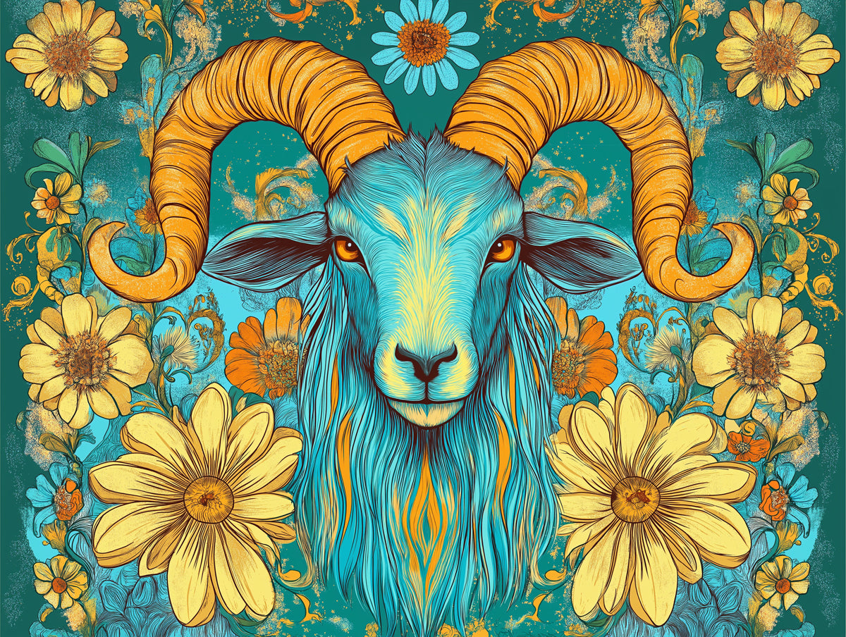 Aries - Floral Ram Mural Wallpaper | Turquoise, Yellow, and Floral Elements