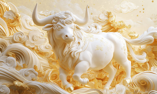 Taurus - Ornate Bull Mural Wallpaper | Cream, Gold, and Cloud - like Patterns