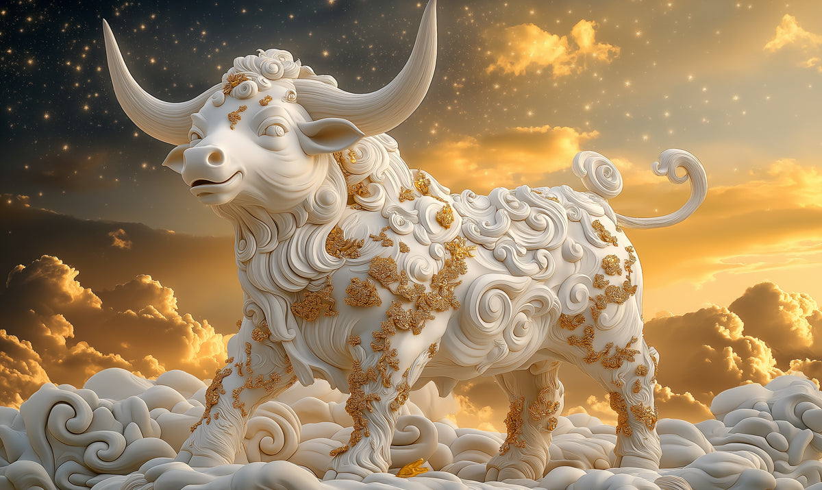 Taurus - Sculpted Bull Mural Wallpaper | White, Gold, and Celestial Background
