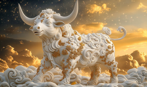 Taurus - Sculpted Bull Mural Wallpaper | White, Gold, and Celestial Background