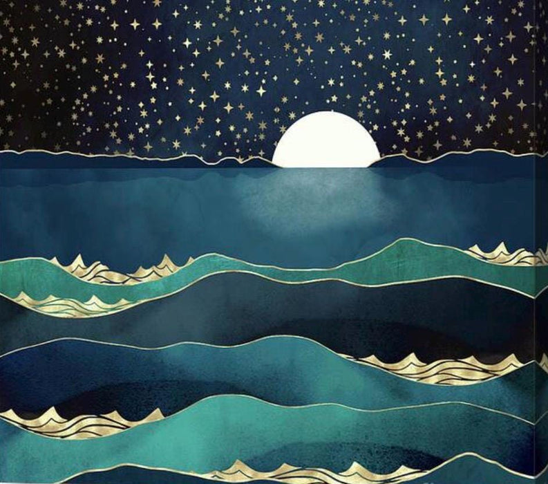 Stylized ocean wave pattern with midnight blue waves, gold lines, a white moon, and a star-filled navy sky.