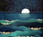 Stylized ocean wave pattern with midnight blue waves, gold lines, a white moon, and a star-filled navy sky.