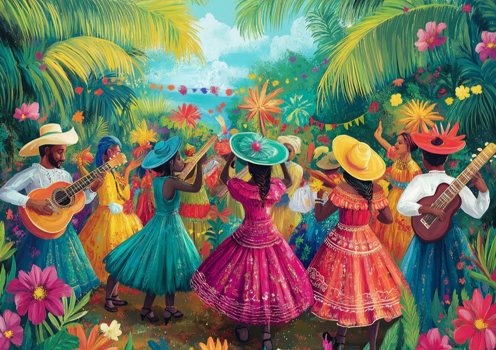 Papier peint Festival Murale | Danse et musique latines colorées dans un jardin tropical