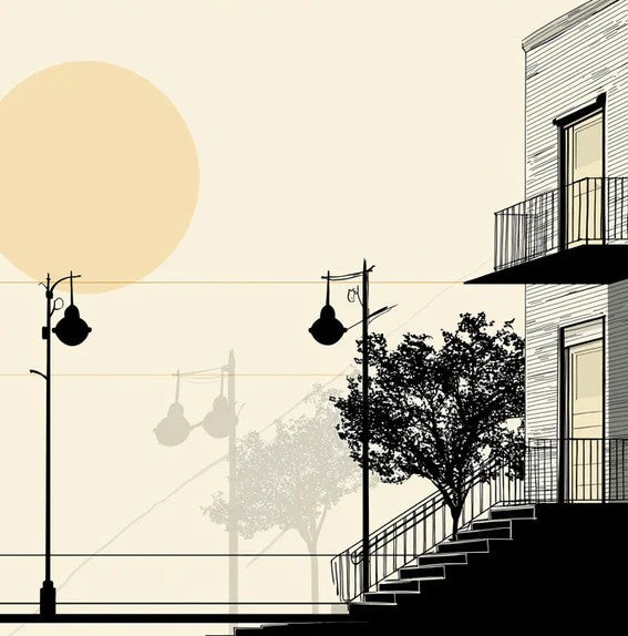 Fondo de pantalla de atardecer urbano minimalista | Silueta de ciudad abstracta con luna llena