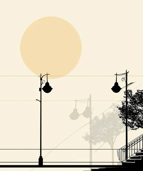Fondo de pantalla de atardecer urbano minimalista | Silueta de ciudad abstracta con luna llena