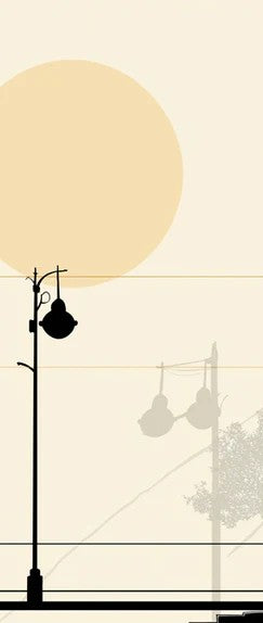 Fondo de pantalla de atardecer urbano minimalista | Silueta de ciudad abstracta con luna llena
