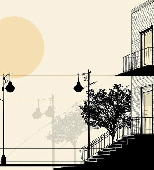 Fondo de pantalla de atardecer urbano minimalista | Silueta de ciudad abstracta con luna llena