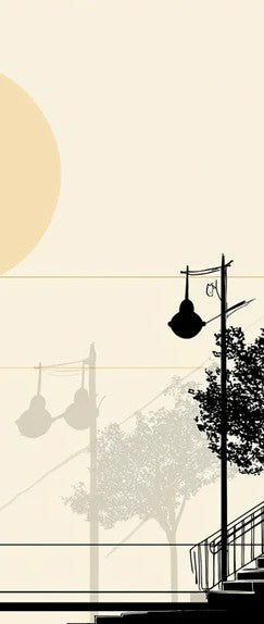 Fondo de pantalla de atardecer urbano minimalista | Silueta de ciudad abstracta con luna llena