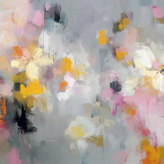 Papier peint mural floral abstrait moderne | Fond gris artistique avec touches de rose et de jaune