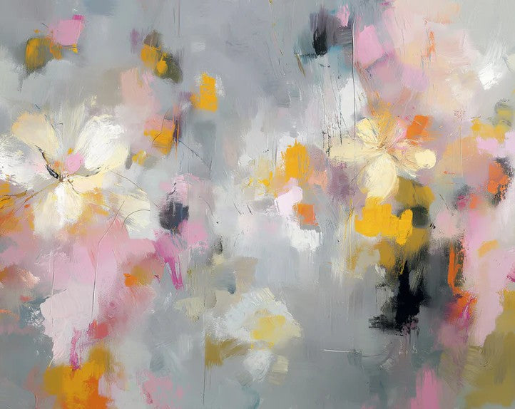 Papier peint mural floral abstrait moderne | Fond gris artistique avec touches de rose et de jaune