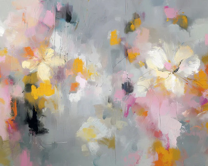 Papier peint mural floral abstrait moderne | Fond gris artistique avec touches de rose et de jaune