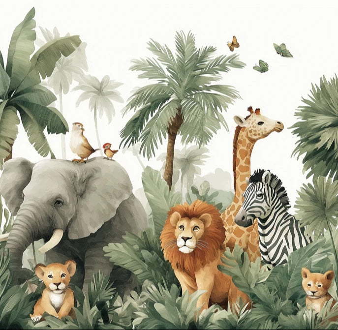 Cute Safari Animal Mural Wallpaper | Playful Jungle Scene for Kids' Rooms