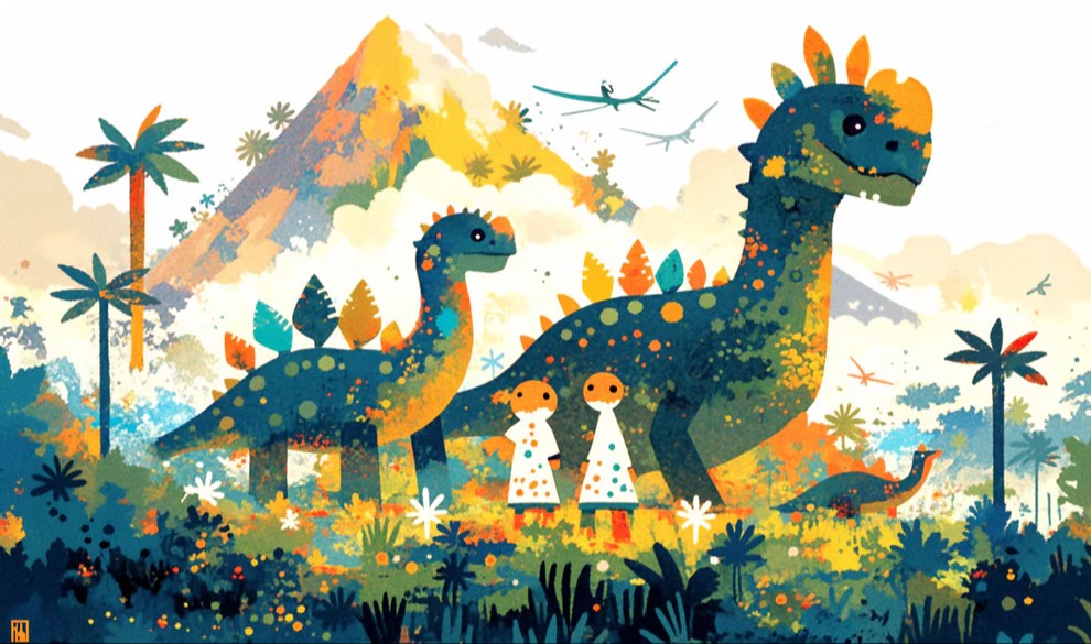 Dinosaur and Mountain Mural Wallpaper in Bedroom | Various Colors (Green, Yellow, Blue, etc.) of Dinosaur