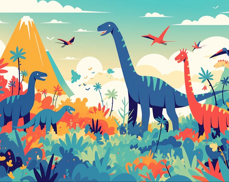 Dinosaur and Mountain Mural Wallpaper in Bedroom | Various Colors (Green, Yellow, Blue, etc.) of Dinosaur