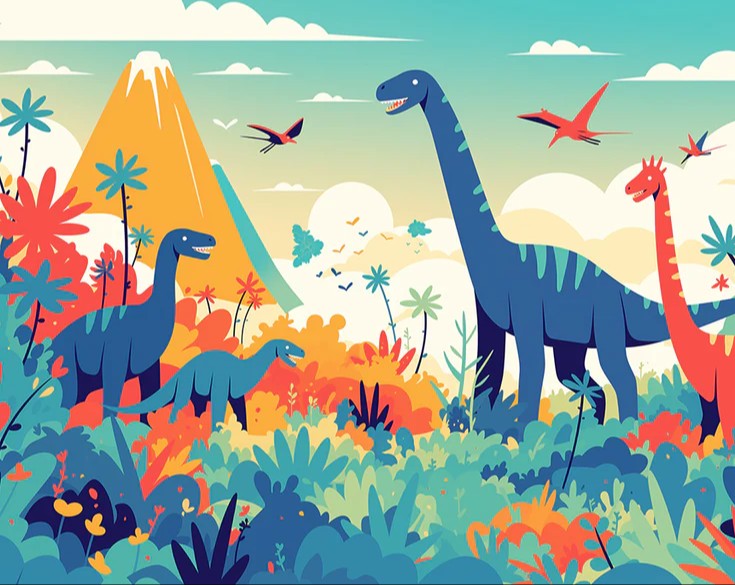 Dinosaur and Mountain Mural Wallpaper in Bedroom | Various Colors (Green, Yellow, Blue, etc.) of Dinosaur