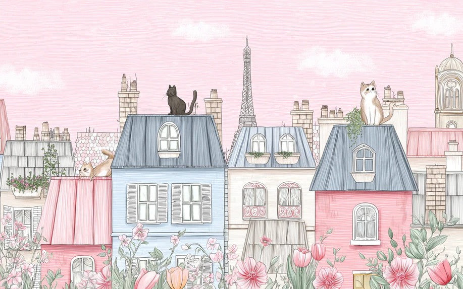 Parisian Rooftops Cityscape Mural Wallpaper | Pastel Pink and Blue, Cat on Roof, Fine Sketch Texture