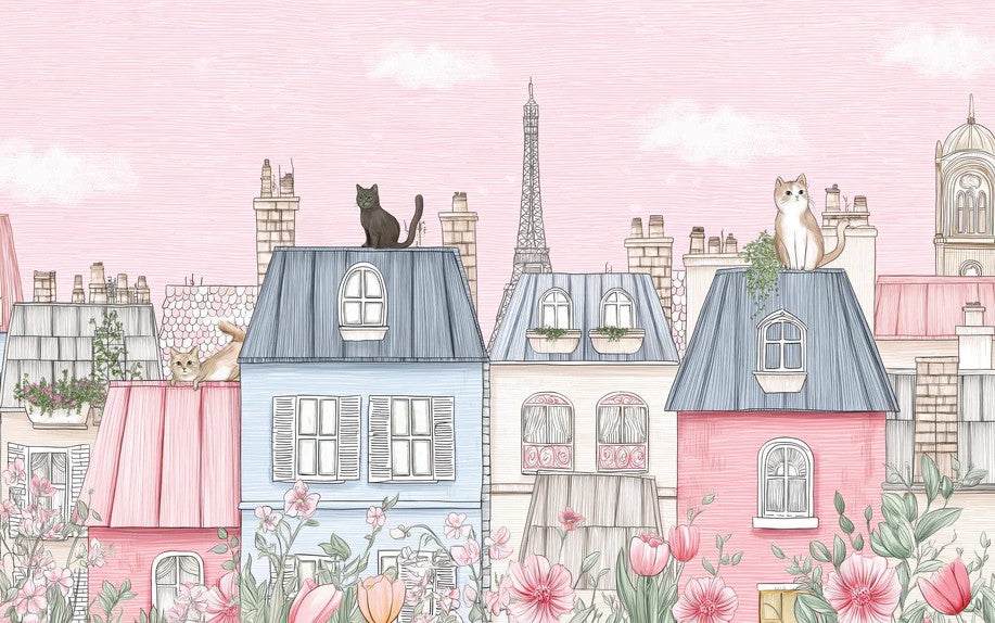 Mural de paisaje urbano de tejados parisinos | Rosa pastel y azul, gato en el tejado, textura de boceto fino