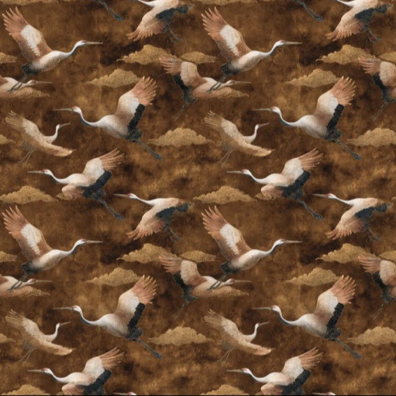 Textured Sepia Cranes Mural Wallpaper | Repeating Print, Antique Brown Backdrop, Earth Toned Chinoiserie
